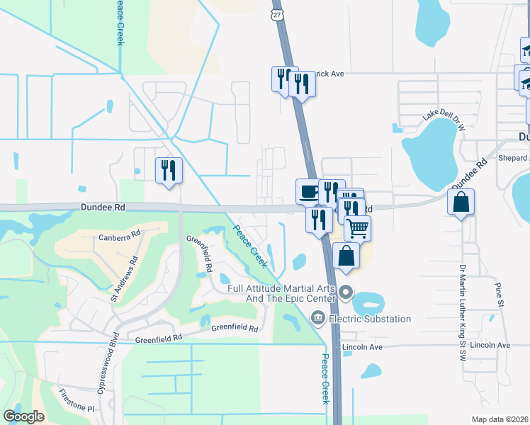 map of restaurants, bars, coffee shops, grocery stores, and more near 1015 Dundee Road in Dundee