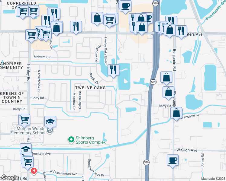 map of restaurants, bars, coffee shops, grocery stores, and more near 6818 Mitchell Circle in Tampa