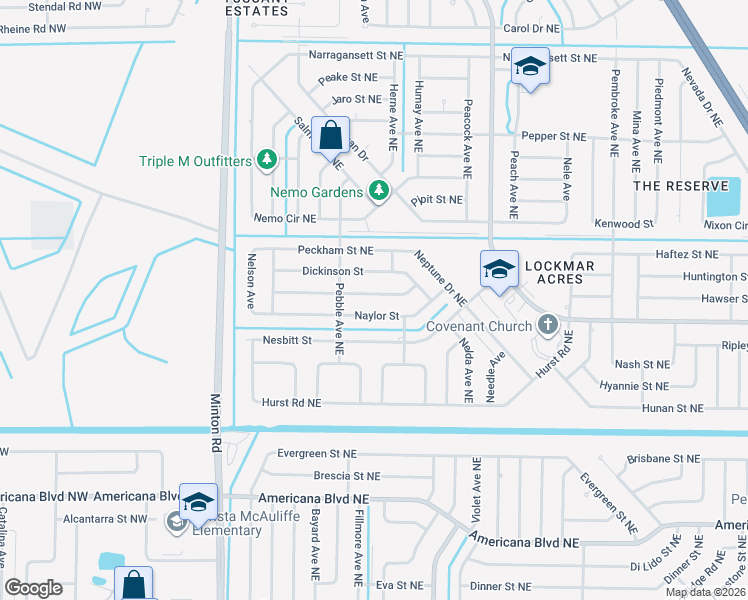 map of restaurants, bars, coffee shops, grocery stores, and more near 238 Driskell Street Northeast in Palm Bay