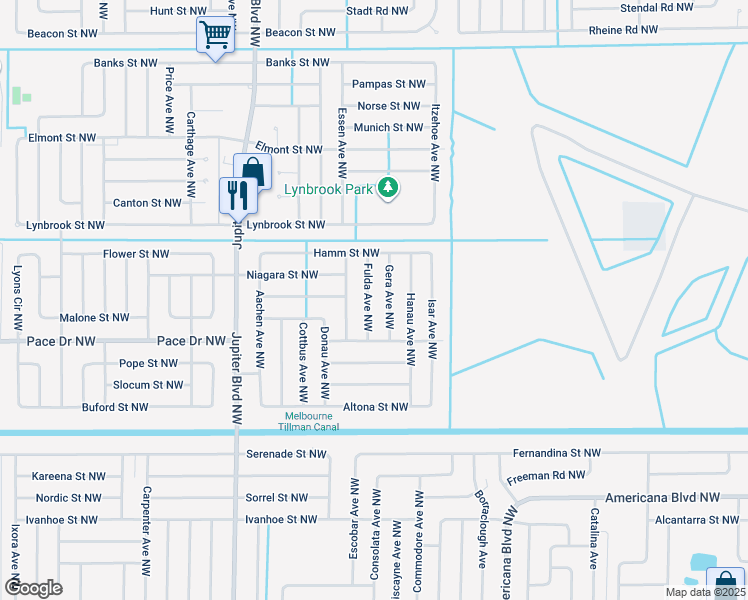 map of restaurants, bars, coffee shops, grocery stores, and more near 845 Fulda Ave NW in Palm Bay
