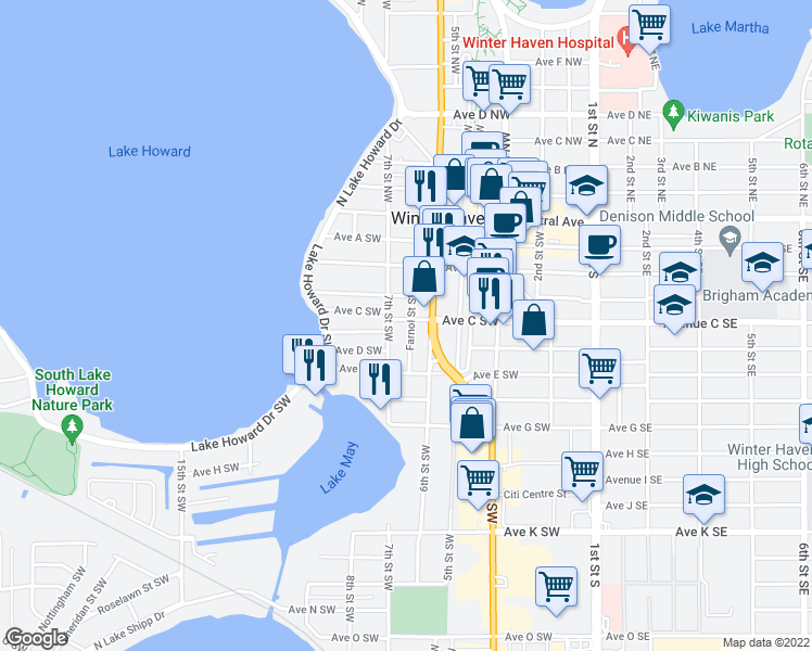 map of restaurants, bars, coffee shops, grocery stores, and more near 330 7th Street Southwest in Winter Haven