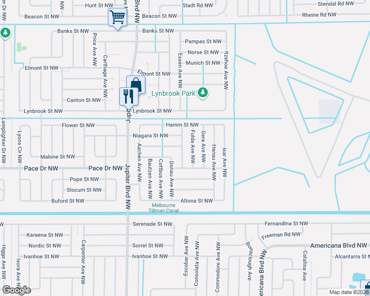 map of restaurants, bars, coffee shops, grocery stores, and more near 718 Universe Street Northwest in Palm Bay