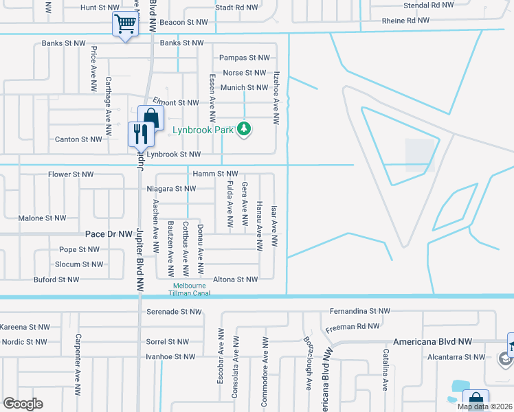 map of restaurants, bars, coffee shops, grocery stores, and more near 842 Hanau Avenue Northwest in Palm Bay
