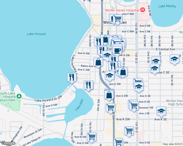 map of restaurants, bars, coffee shops, grocery stores, and more near 330 7th Street Southwest in Winter Haven