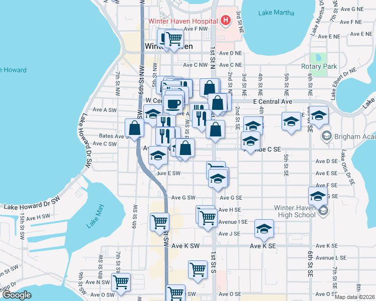 map of restaurants, bars, coffee shops, grocery stores, and more near in Winter Haven