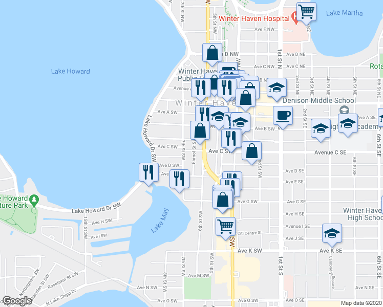 map of restaurants, bars, coffee shops, grocery stores, and more near 330 7th Street Southwest in Winter Haven