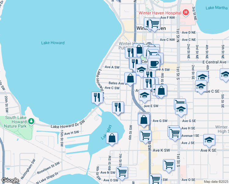 map of restaurants, bars, coffee shops, grocery stores, and more near 749 Carroll Avenue Southwest in Winter Haven