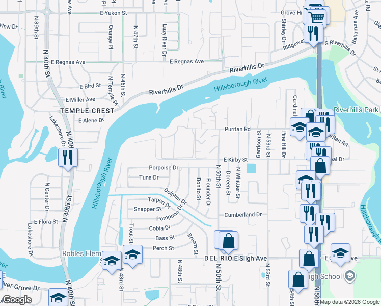 map of restaurants, bars, coffee shops, grocery stores, and more near 7807 Edward Spray Road in Tampa