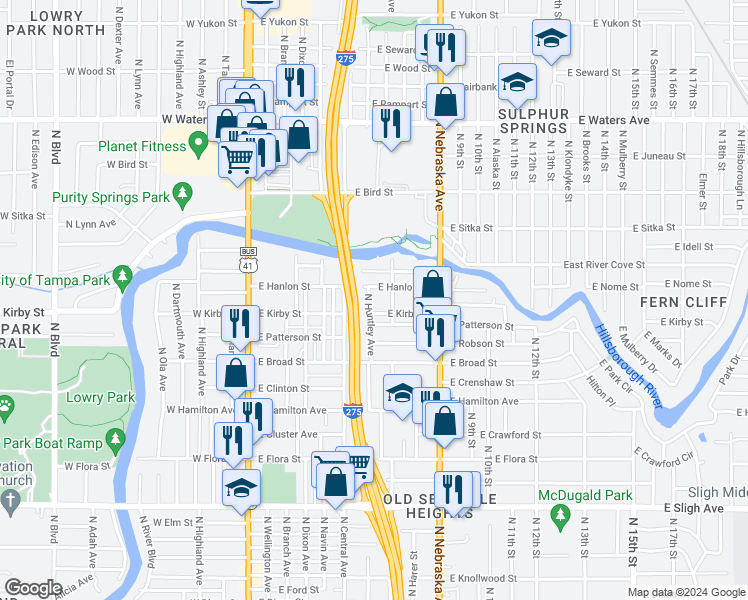 map of restaurants, bars, coffee shops, grocery stores, and more near 7706 North Taliaferro Avenue in Tampa