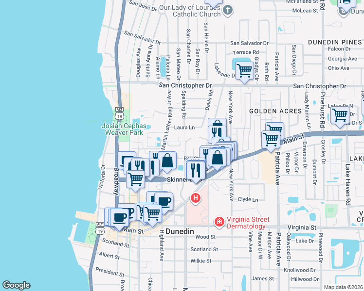 map of restaurants, bars, coffee shops, grocery stores, and more near 1117 Milwaukee Avenue in Dunedin