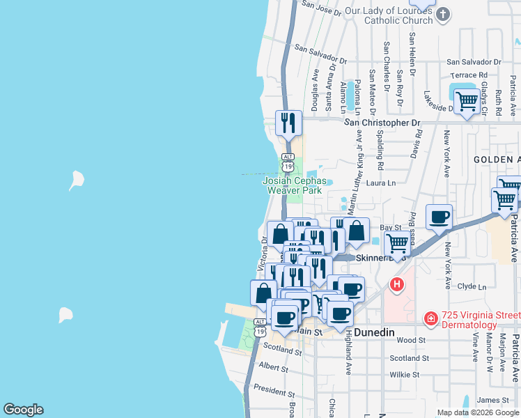 map of restaurants, bars, coffee shops, grocery stores, and more near 1121 Victoria Drive in Dunedin
