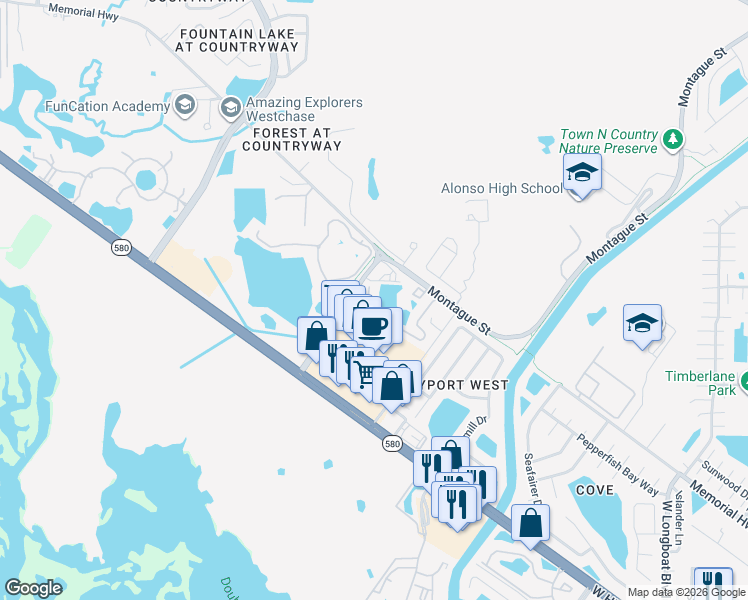 map of restaurants, bars, coffee shops, grocery stores, and more near 11609 Colony Lake Drive in Tampa