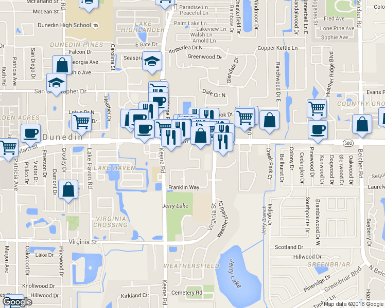 map of restaurants, bars, coffee shops, grocery stores, and more near 1049 Concord Drive West in Dunedin