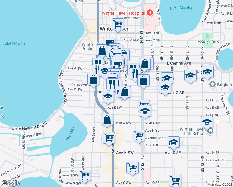map of restaurants, bars, coffee shops, grocery stores, and more near 300 3rd Street Southwest in Winter Haven