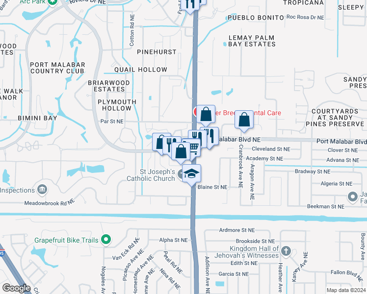 map of restaurants, bars, coffee shops, grocery stores, and more near 5240 Babcock Street Northeast in Palm Bay
