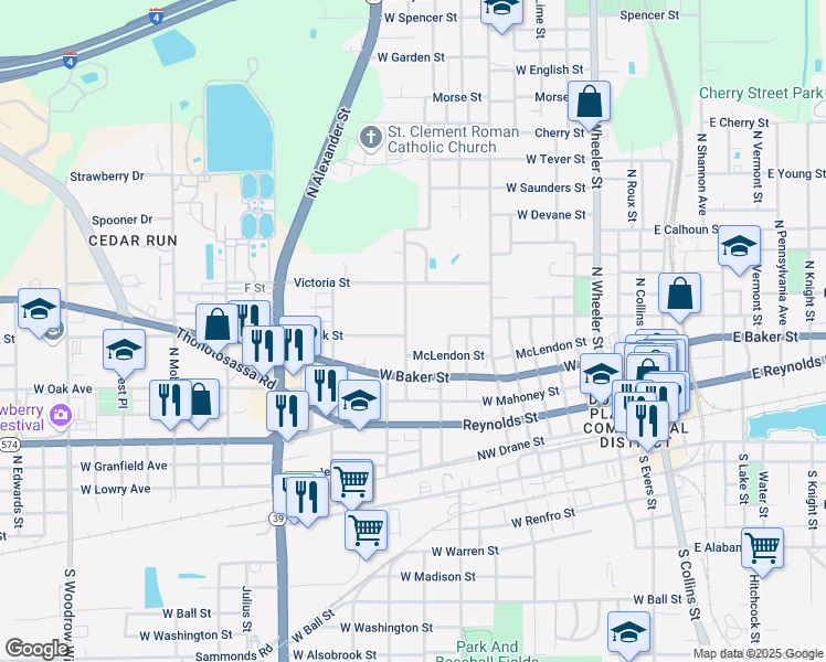 map of restaurants, bars, coffee shops, grocery stores, and more near 502 Whitehall Street in Plant City