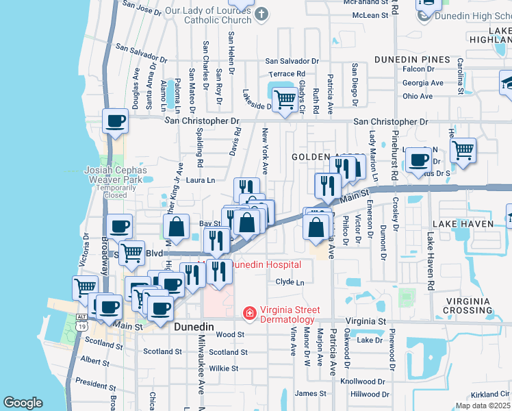 map of restaurants, bars, coffee shops, grocery stores, and more near 1133 Orange Ave in Dunedin