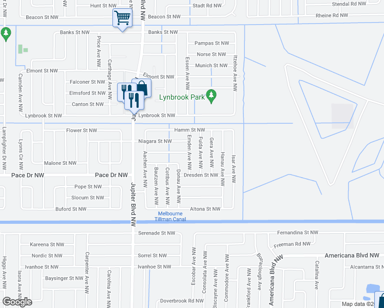 map of restaurants, bars, coffee shops, grocery stores, and more near 843 Emden Avenue Northwest in Palm Bay