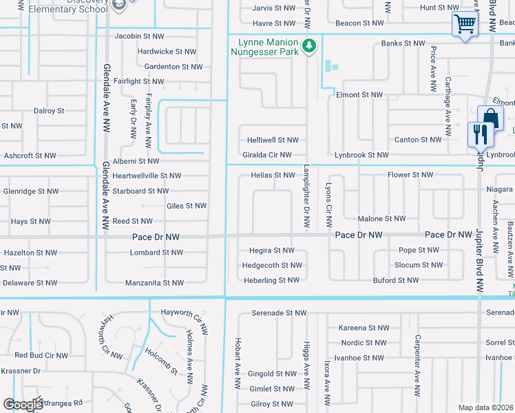map of restaurants, bars, coffee shops, grocery stores, and more near 861 Dunkirk Avenue Northwest in Palm Bay