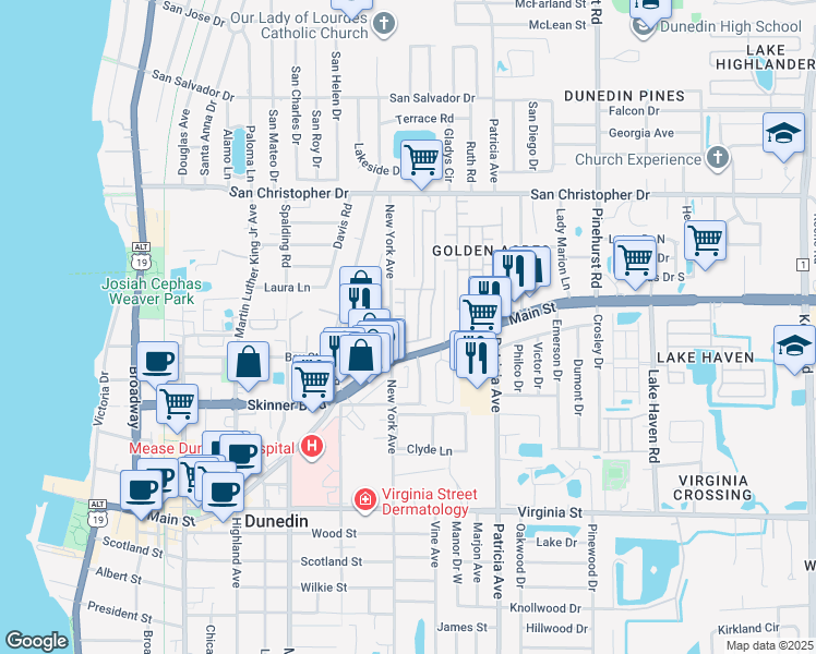 map of restaurants, bars, coffee shops, grocery stores, and more near 446 1st Street in Dunedin
