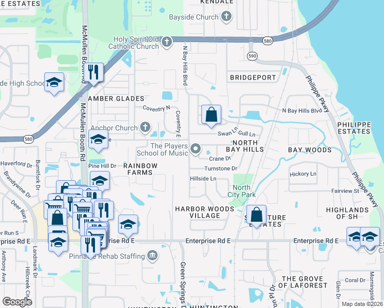 map of restaurants, bars, coffee shops, grocery stores, and more near 3046 Egret Terrace in Safety Harbor