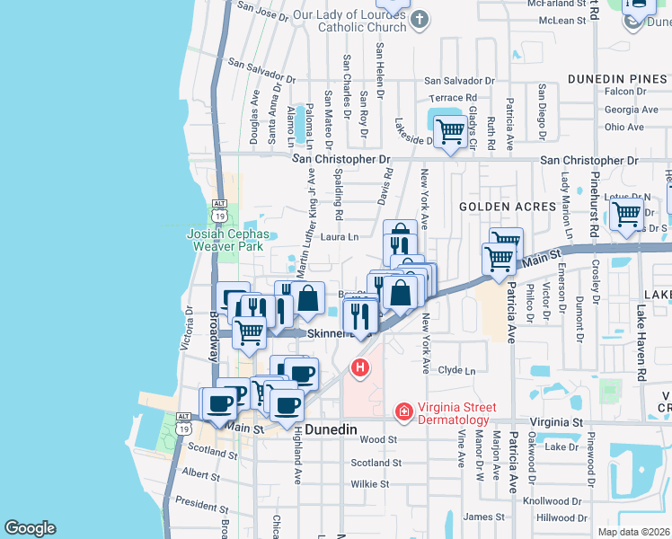 map of restaurants, bars, coffee shops, grocery stores, and more near 1117 Milwaukee Avenue in Dunedin