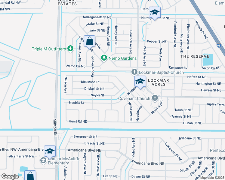 map of restaurants, bars, coffee shops, grocery stores, and more near 286 Driskell Street Northeast in Palm Bay