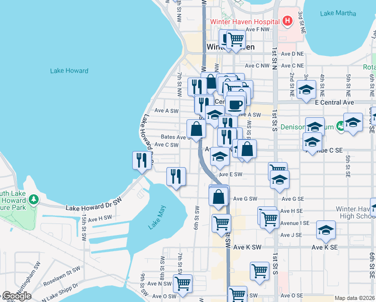 map of restaurants, bars, coffee shops, grocery stores, and more near 650 Avenue C Southwest in Winter Haven