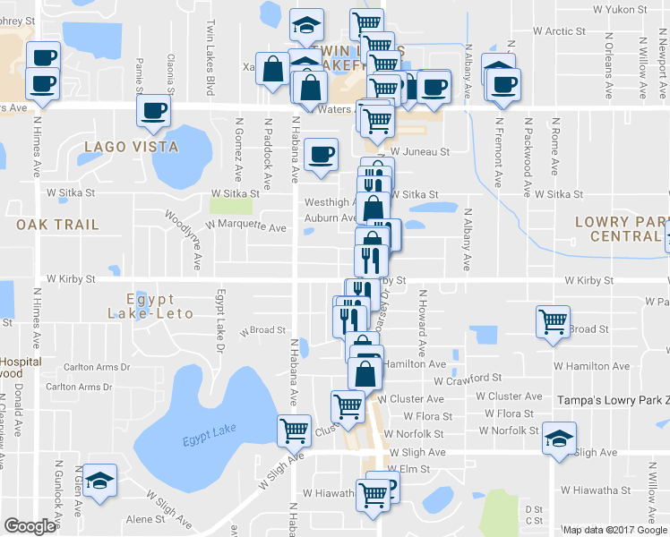 map of restaurants, bars, coffee shops, grocery stores, and more near 2602 West Kenmore Avenue in Tampa
