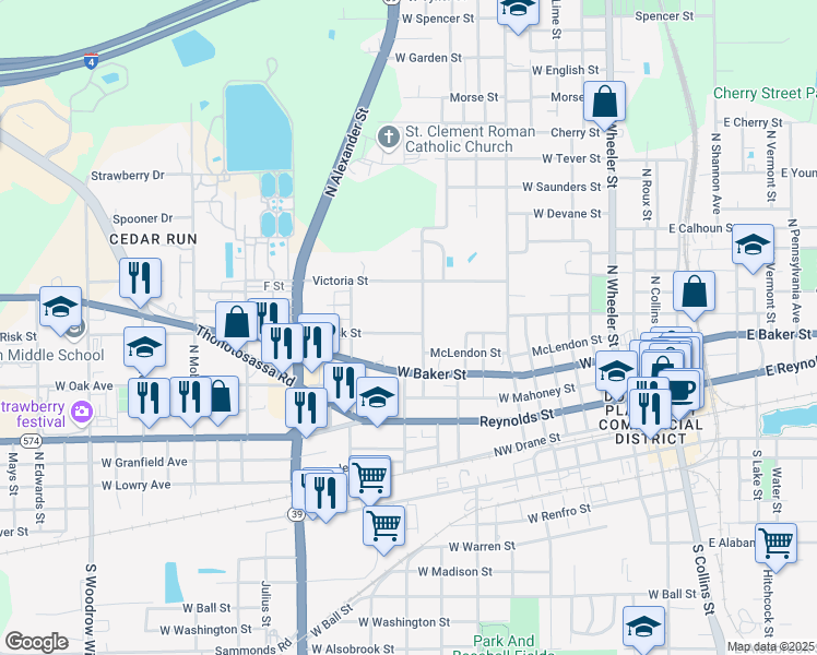 map of restaurants, bars, coffee shops, grocery stores, and more near 1104 West Risk Street in Plant City