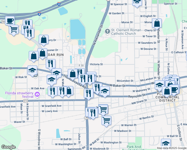 map of restaurants, bars, coffee shops, grocery stores, and more near 1310a West Risk Street in Plant City