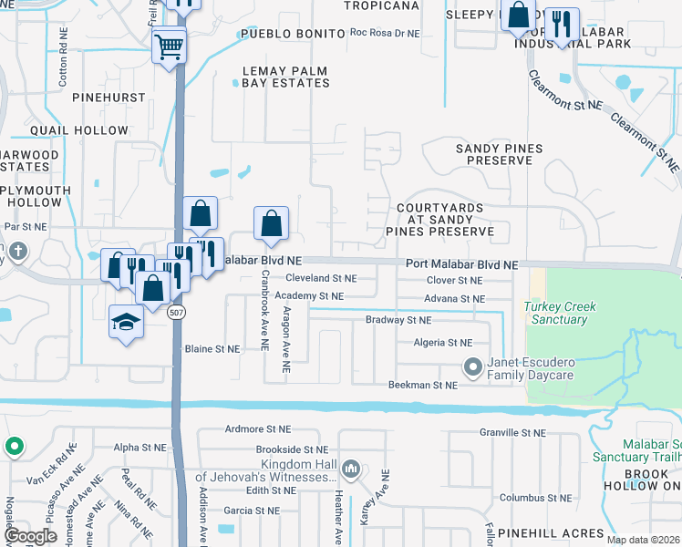 map of restaurants, bars, coffee shops, grocery stores, and more near 1947 Cleveland Street Northeast in Palm Bay