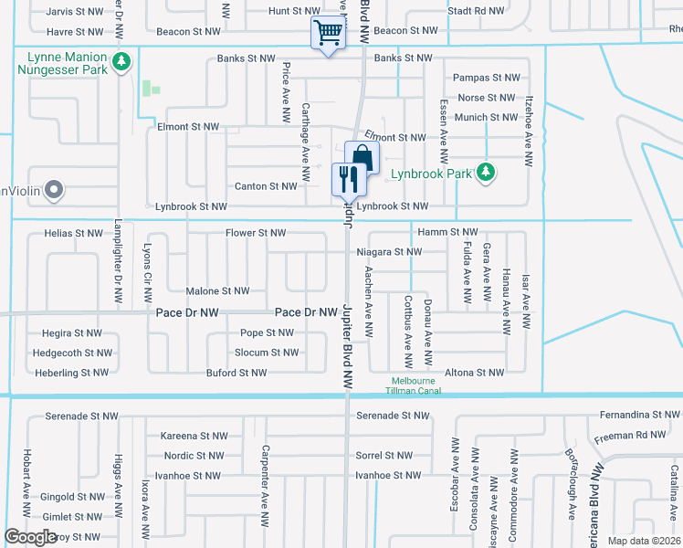 map of restaurants, bars, coffee shops, grocery stores, and more near 980 Jupiter Boulevard Northwest in Palm Bay