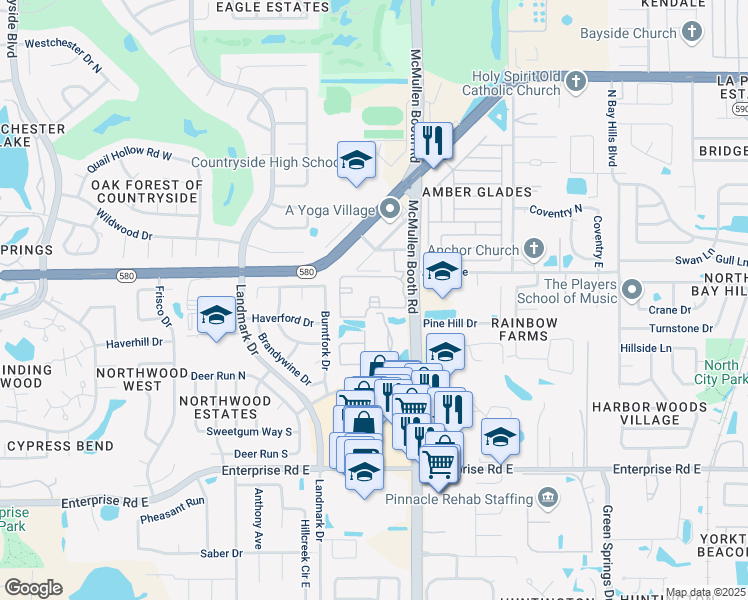 map of restaurants, bars, coffee shops, grocery stores, and more near 2652 North McMullen Booth Road in Clearwater