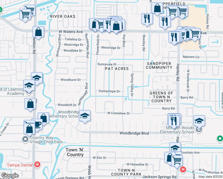 map of restaurants, bars, coffee shops, grocery stores, and more near 8205 Sunnyslope Drive in Tampa