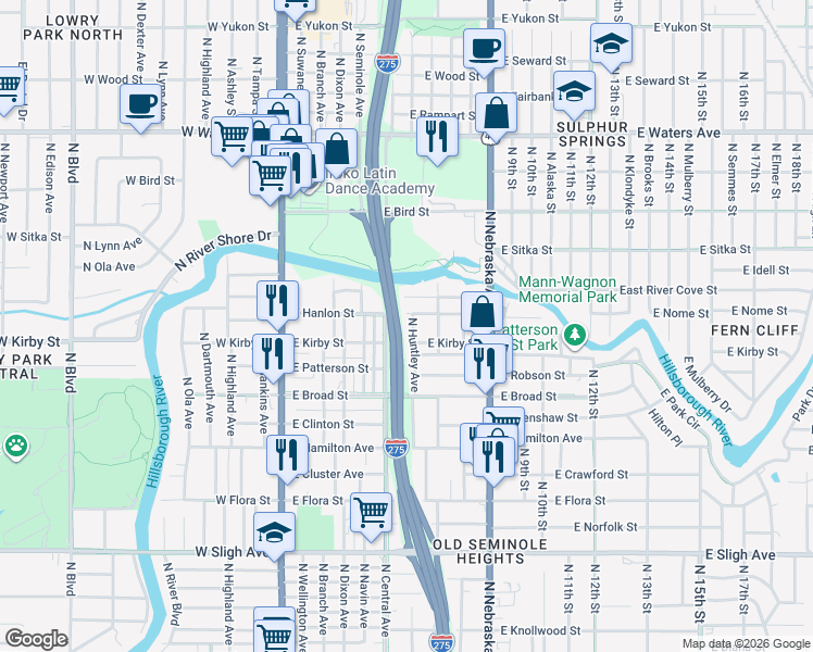 map of restaurants, bars, coffee shops, grocery stores, and more near 7710 North Huntley Avenue in Tampa