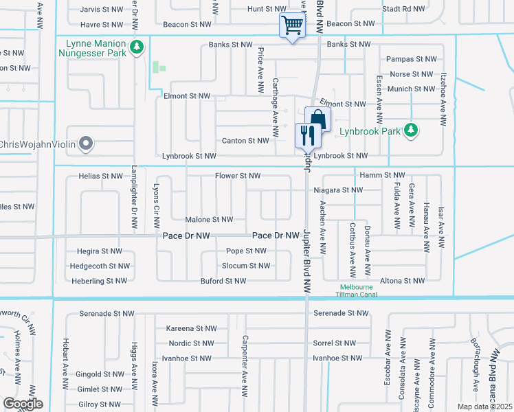 map of restaurants, bars, coffee shops, grocery stores, and more near 854 Roger Avenue Northwest in Palm Bay