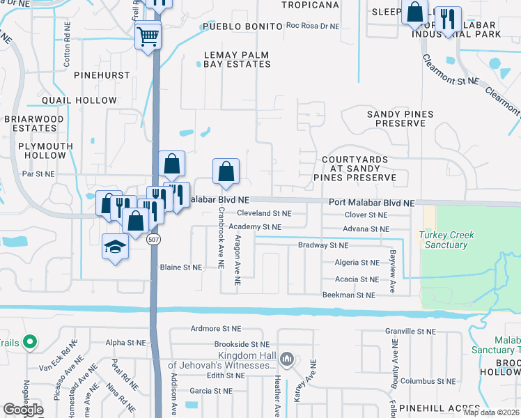 map of restaurants, bars, coffee shops, grocery stores, and more near 1885 Cleveland Street Northeast in Palm Bay