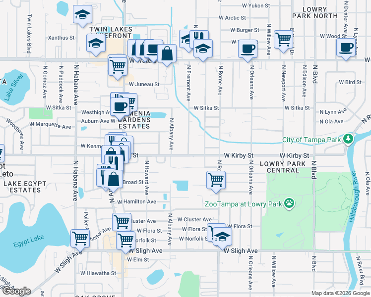 map of restaurants, bars, coffee shops, grocery stores, and more near 7904 North Fremont Avenue in Tampa