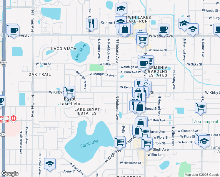map of restaurants, bars, coffee shops, grocery stores, and more near 2810 West Kenmore Avenue in Tampa