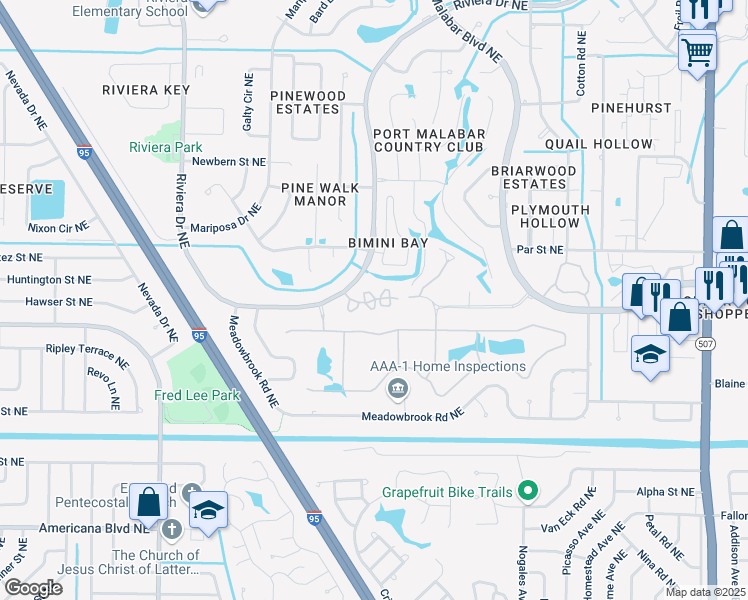 map of restaurants, bars, coffee shops, grocery stores, and more near 1609 Malabar Lakes Drive Northeast in Palm Bay