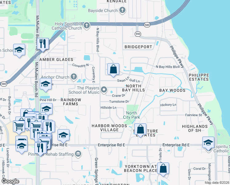 map of restaurants, bars, coffee shops, grocery stores, and more near 36 Osprey Street in Safety Harbor