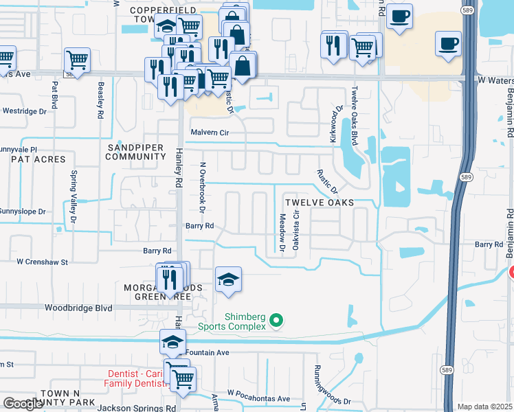 map of restaurants, bars, coffee shops, grocery stores, and more near 7313 Brookview Circle in Tampa