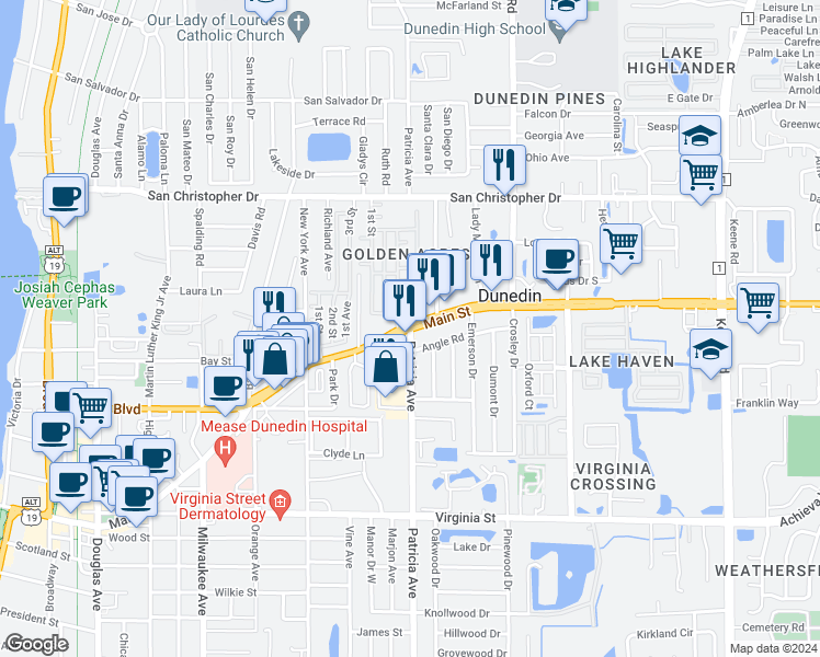 map of restaurants, bars, coffee shops, grocery stores, and more near Main Street & Patricia Avenue in Dunedin