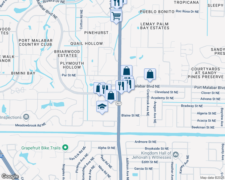 map of restaurants, bars, coffee shops, grocery stores, and more near 5240 Babcock Street Northeast in Palm Bay