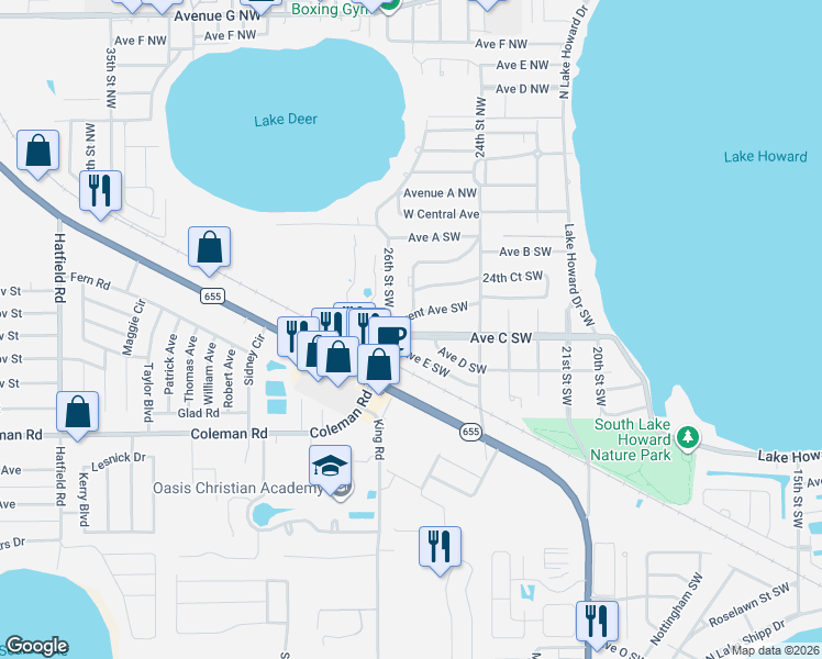 map of restaurants, bars, coffee shops, grocery stores, and more near 2495 Avenue C Southwest in Winter Haven