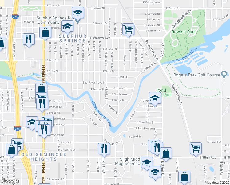 map of restaurants, bars, coffee shops, grocery stores, and more near 1614 East Maple Avenue in Tampa