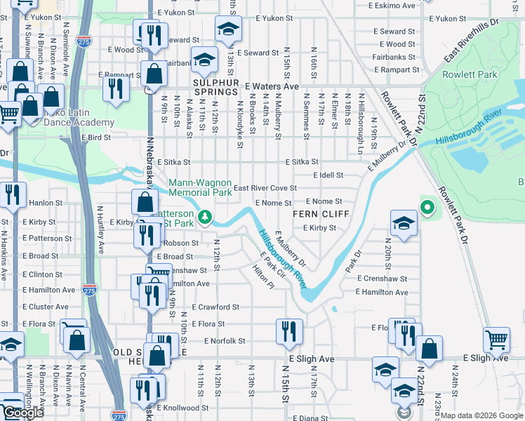 map of restaurants, bars, coffee shops, grocery stores, and more near 7810 North 14th Street in Tampa