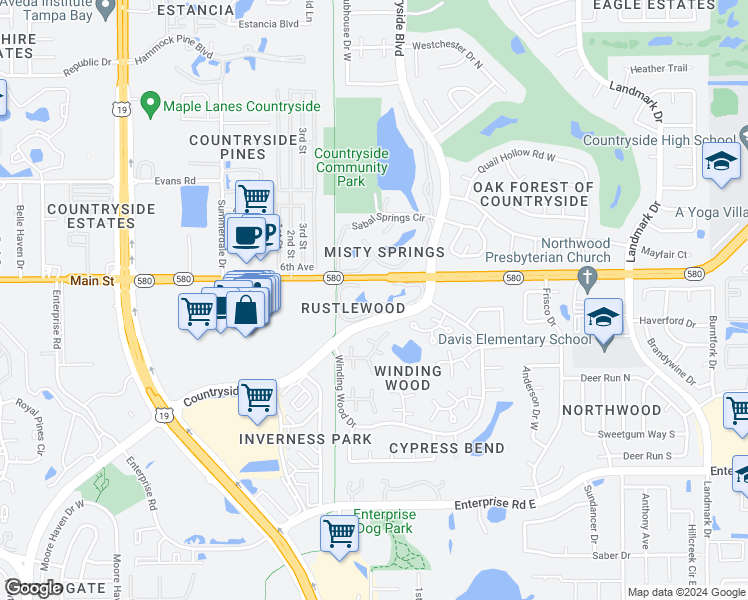 map of restaurants, bars, coffee shops, grocery stores, and more near 2650 Countryside Boulevard in Clearwater