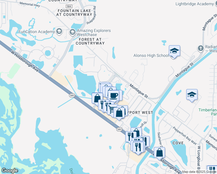 map of restaurants, bars, coffee shops, grocery stores, and more near 11602 Colony Lake Drive in Tampa